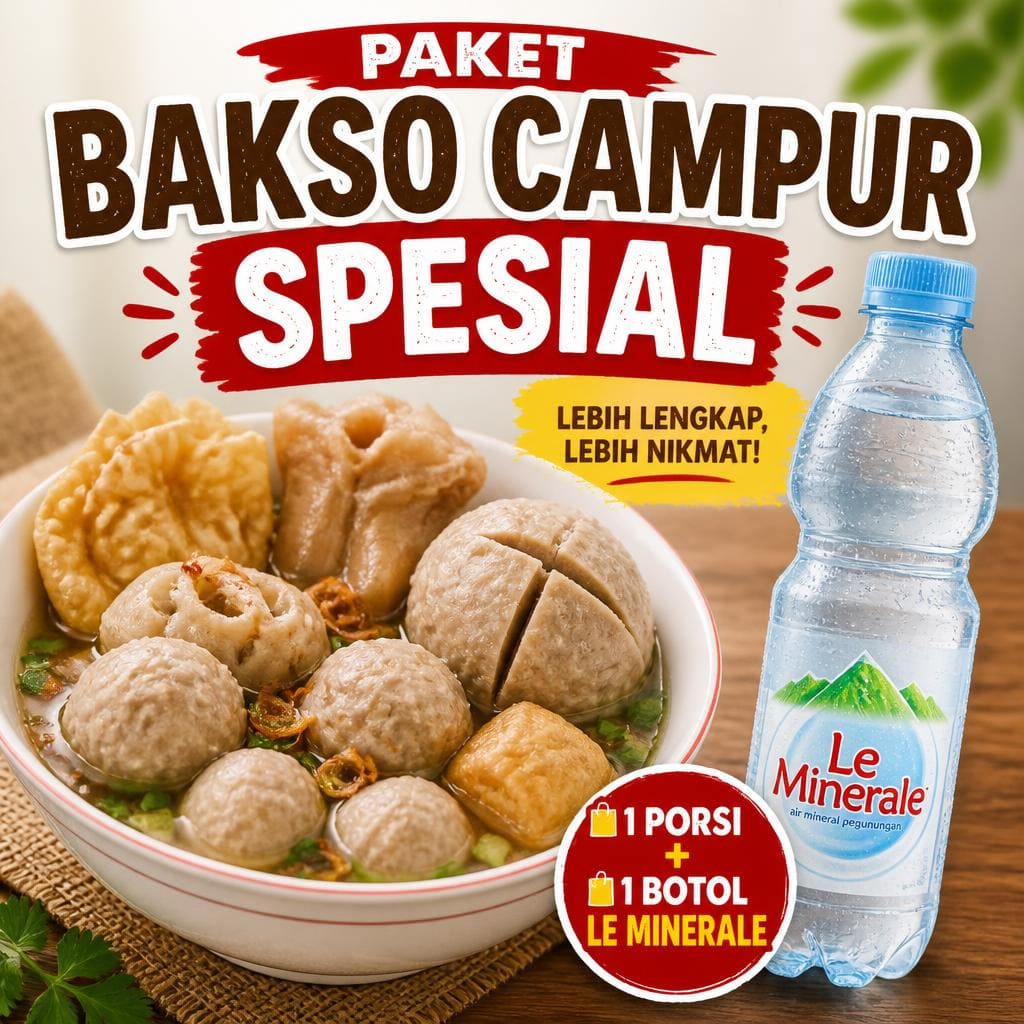 Paket Bakso Campur Spesial Le Minerale dari Bakso Lapangan Tembak Senayan